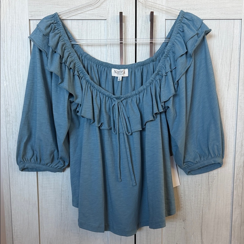 Nation LTD Blue Ruffle Off-Shoulder Pima Cotton Peasant Top